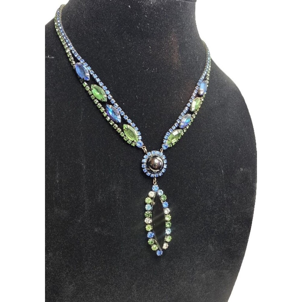 Vintage 50s Watermelon Rhinestone Drop Necklace Japanned Metal Regency NY Style